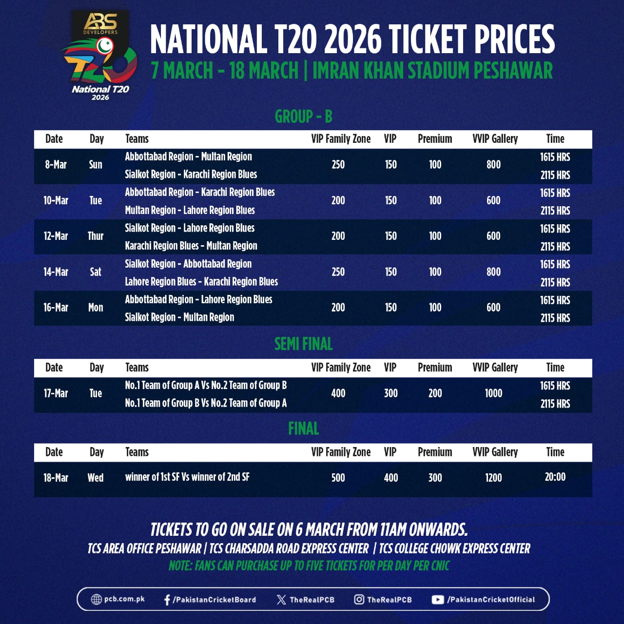 پشاور میں ہونے والے نیشنل ٹی ٹوئنٹی کپ کے لیے ٹکٹوں کی تفصیل جاری