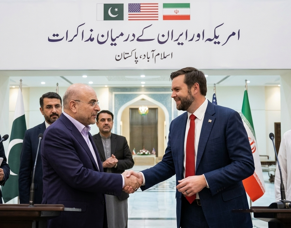 امریکی نائب صدر اور ایرانی سپیکر کا مذاکرات کے دوران مصافحہ